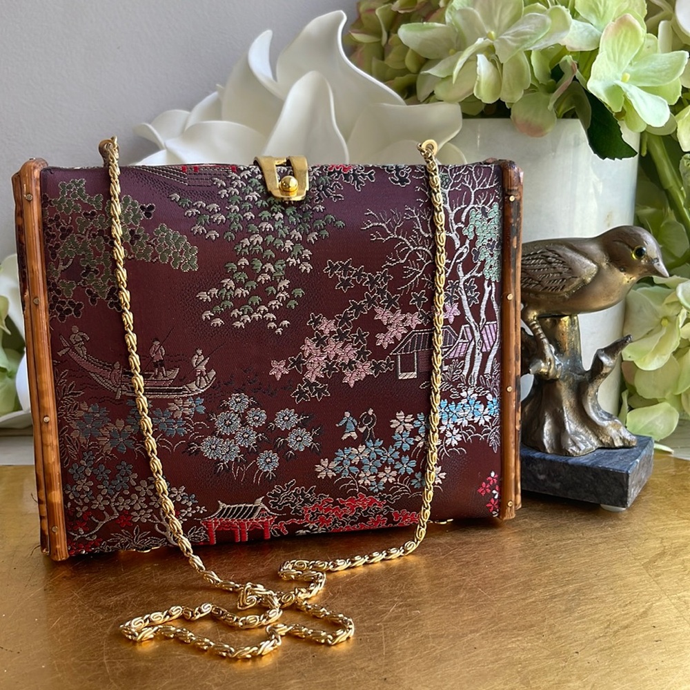 Vintage! Mister Ernest Tapestry and Tortoise Shell Bamboo Clutch Shoulder Bag